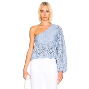 Ganni NWT Women's One-shoulder Balloon Sleeve Broderie Anglaise Blue Top 40